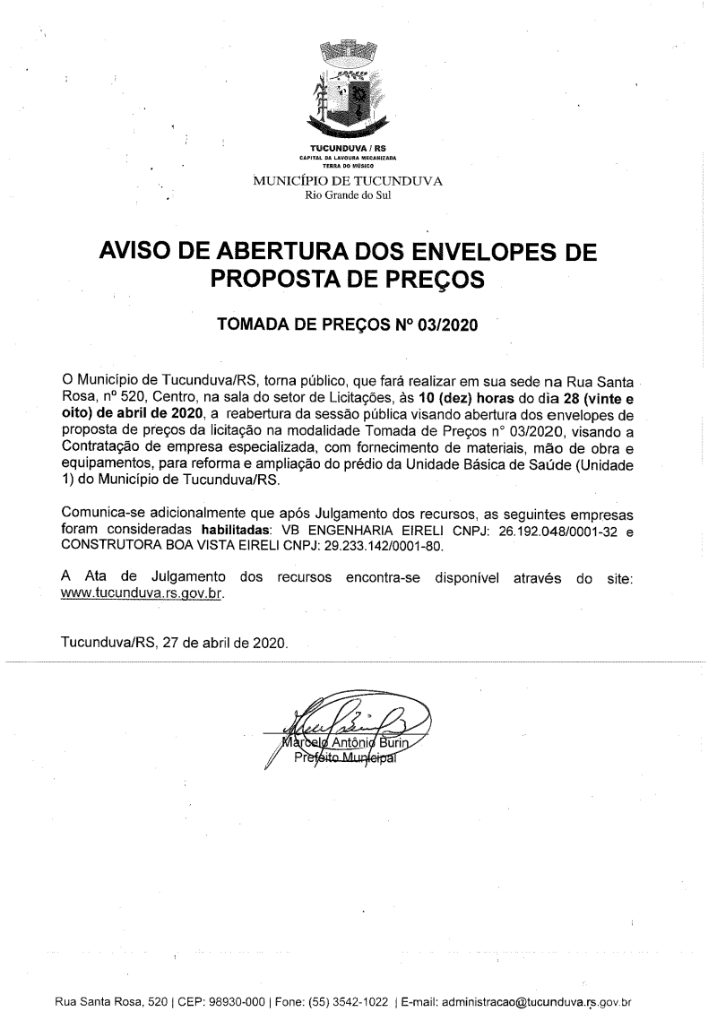 TMP 03/2020 AVISO DE ABERTURA DOS ENVELOPES DE PROPOSTA DE PREÇOS